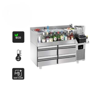Cocktail station / Tavolo da bar / raffreddamento bevande – da -2 °C a +8 °C – 1200 x 600 x 850 mm – 150 litri – 1 porta, 2 cassetti 1/2 e ripiani