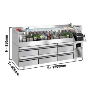 Cocktail station / Tavolo da bar / raffreddamento bevande – da -2 °C a +8 °C – 1600 x 600 x 850 mm – 235 litri – 3 cassetti 1/2 e ripiani