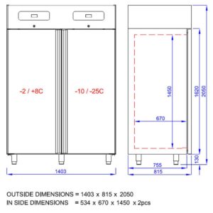Combinazione frigorifero e congelatore – 1400 x 810 mm – 1400 litri – con 2 porte di vetro