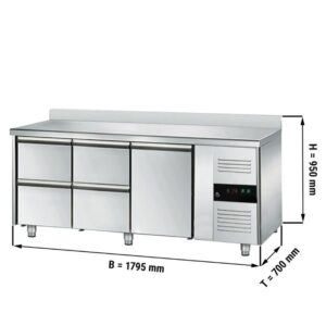 Banco refrigerato – -2 °C a +8 °C – con 1 porta, 4 cassetti 1/2 e alzatina – 1795 x 700 x 950 mm