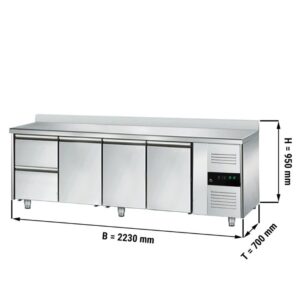 Banco refrigerato – -2 °C a +8 °C – con 3 porte, 2 cassetti 1/2 e alzatina – 2230 x 700 x 950 mm