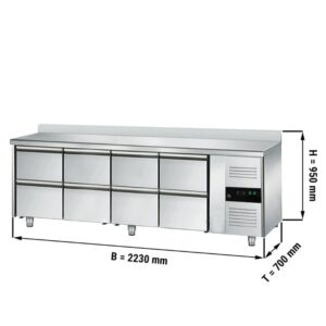 Banco refrigerato – -2 °C a +8 °C – con 8 cassetti 1/2 e alzatina – 2230 x 700 x 950 mm