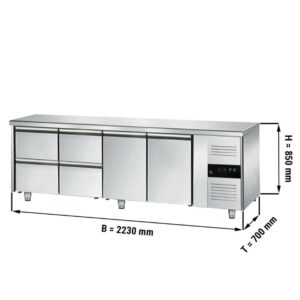 Banco refrigerato – -2 °C a +8 °C – con 2 porte e 4 cassetti 1/2 – 2230 x 700 x 850 mm