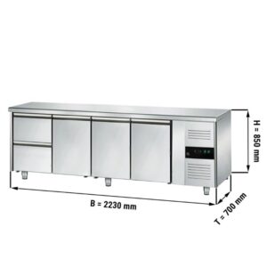 Banco refrigerato – -2 °C a +8 °C – con 3 porte, 2 cassetti 1/2 – 2230 x 700 x 850 mm