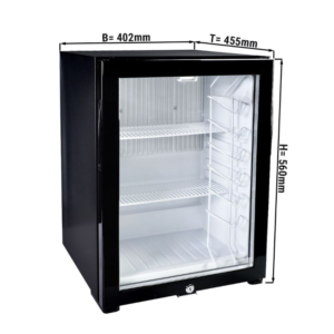Minibar refrigerato – 1 porta in vetro – ripiano aggiuntivo sull’anta in vetro – silenzioso – con serratura – 402 x 455 x 560 mm