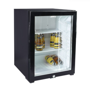 Minibar refrigerato – 1 porta in vetro – ripiano aggiuntivo sull’anta in vetro – silenzioso – con serratura – 402 x 455 x 560 mm