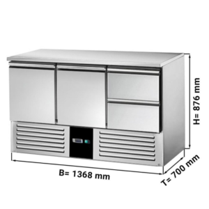 Saladette / Tavolo refrigerato – +2 °C a +8 °C – 2 porte e 2 cassetti – 1368 x 700 x 876 mm