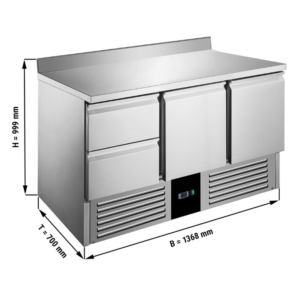 Saladette / Tavolo refrigerato – +2 °C a +8 °C – 2 porte, 2 cassetti e alzatina – 1368 x 700 x 999 mm