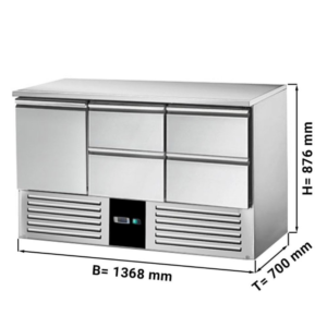 Saladette / Tavolo refrigerato – +2 °C a +8 °C – 1 porta e 4 cassetti – 1368 x 700 x 876 mm