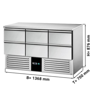Saladette / Tavolo refrigerato – +2 °C a +8 °C – 6 cassetti – 1386 x 700 x 876 mm