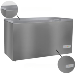 Congelatore a pozzetto – 388 litri – grigio – illuminazione LED – coperchio in acciaio inox – 1504 x 695 x 890 mm
