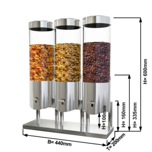 Dispenser per cereali triplo – Ø 120 mm – 400 x 200 x 600 mm