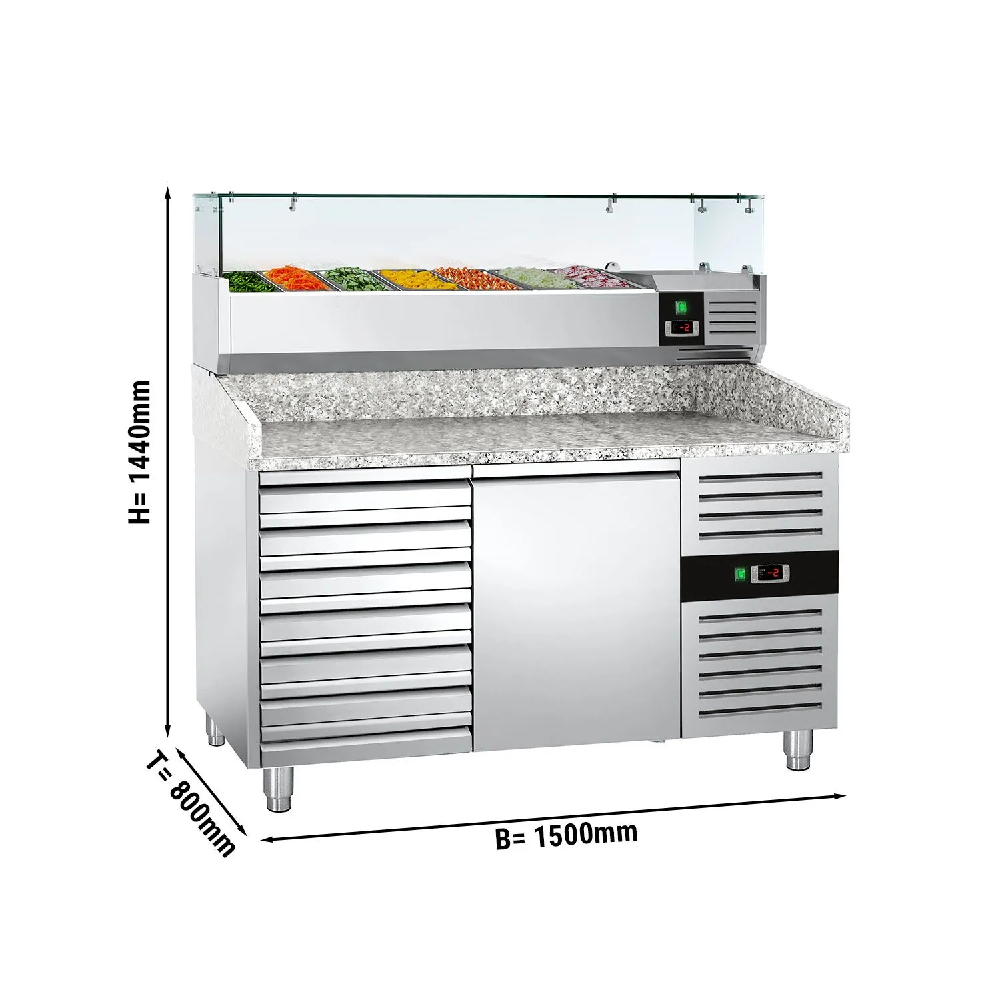 Banco Pizza Refrigerato – 1 Porta e 7 Cassetti – Inclusa Vetrina Refrigerata da banco – 7 x GN 1/4